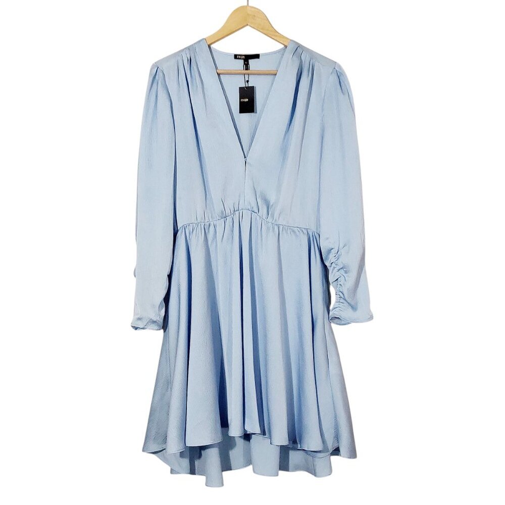 NWT Maje Revolver Hammered Crepe Baby Blue Ruched Sleeve Mini Dress - 42 (10) - Picture 3 of 16